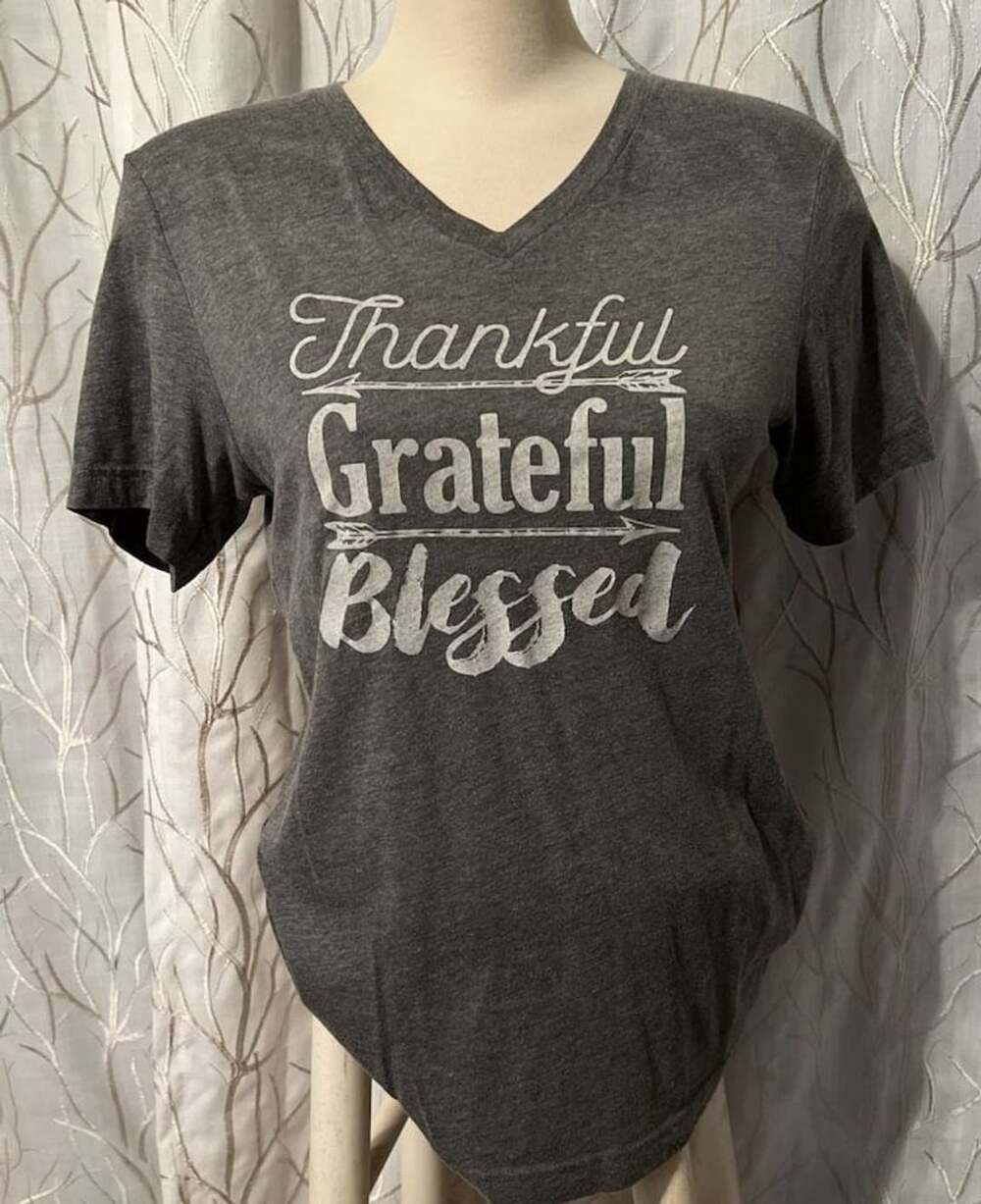 Bella + Canvas Thankful Grateful Blessed V-Neck T-Shirt Gray Medium